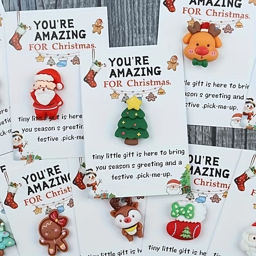  10-Pack Mini Christmas Hug Cards with Resin Charms - Festive Encouragement Cards with Santa, Stocking, Gingerbread, Snowman, Reindeer - Party Style Emotional Support Gifts for Friends and Family
