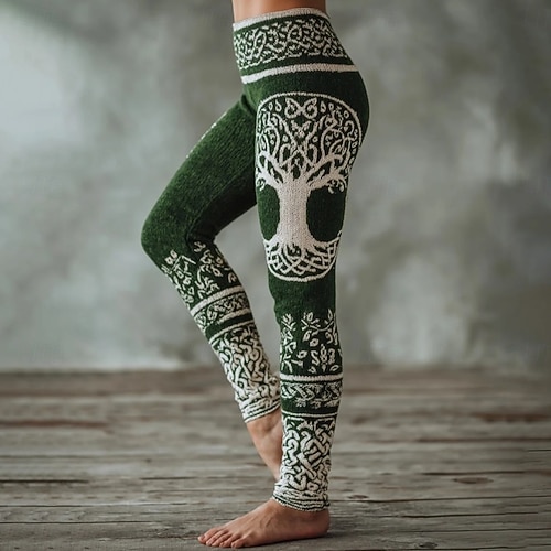  Kvinnors Viking Boho Leggings Vintage Etnisk Stil Hel Längd Hög Midja Grafisk Abstrakt 3D Utskrift Snabbtorkande Andningsförmåga Mjuk Stretchig Formell Utomhus Semester Ljusbrun Svart Rosa  Svart Vår