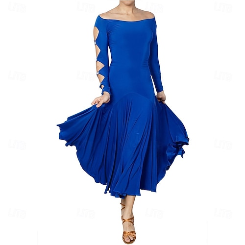 Women's Ballroom Dance Dress Off Shoulder Long Sleeve Latin Waltz Tango  Competition Performance Gown with Cutout Sleeve Design  Royal Blue 2026 -  $186.99