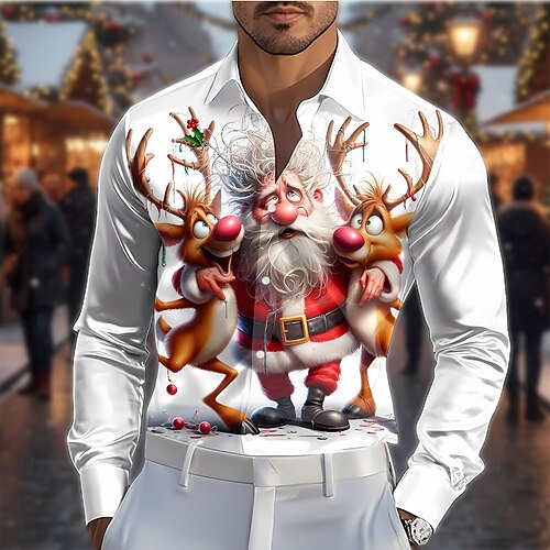santa claus dress shirts qolati Mens Christmas Shirts Casual Printed Long Sleeve Button Up Dress  Shirt Male Winter Festival Shirts Santa Claus Party Hawaii Blouses Top