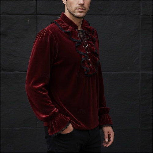 vampire dress shirt Gothic Medieval Renaissance Shirt Long Sleeves Vampire Pirate Bard Nobleman Lace up Ruffle Solid Color Fancy Dress Men's Royal Steampunk Halloween