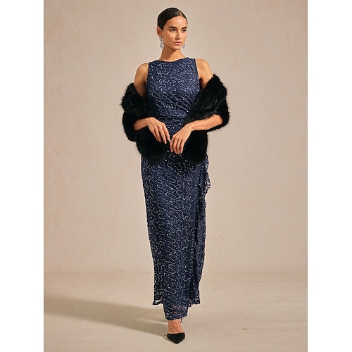  Femmes Robe maxi Robe fourreau Élégant robe demoiselle d honneur Soirée Coupe régulière Couleur Unie Sans manches Col ras du cou bleu marine Printemps Automne