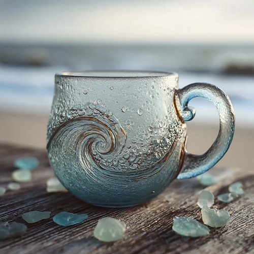  Sea Glass Wave Mug,Handmade Ocean Wave Glass Coffee Cup, Iridescent Handcrafted Drinking Glass, Unique Christmas Gift for Women & Men, Beach Ocean Lover Gift