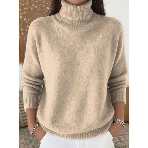  Dam Tröja Elegant Mode Dagligen Polokrage Stickat Långärmad Vanliga toppar Sticka Dagligen Rodnande Rosa Rubinrött Vår Höst