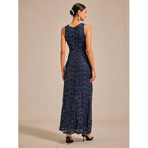  Femmes Robe maxi Robe fourreau Élégant robe demoiselle d honneur Soirée Coupe régulière Couleur Unie Sans manches Col ras du cou bleu marine Printemps Automne