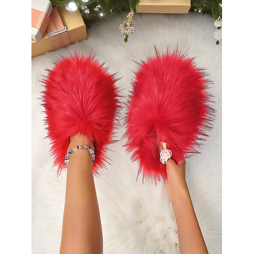  женские красные пушистые тапочки, плюшевые меховые домашние тапочки без застежек, удобная обувь для отдыха дома, Рождества и отдыха