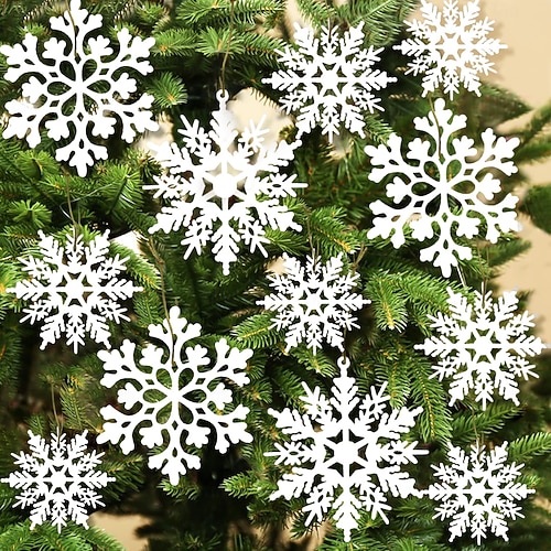  36 flocons de neige pour décorations de sapin de Noël, ornements en plastique blanc pailleté, décorations hivernales d'intérieur pour un décor féérique.