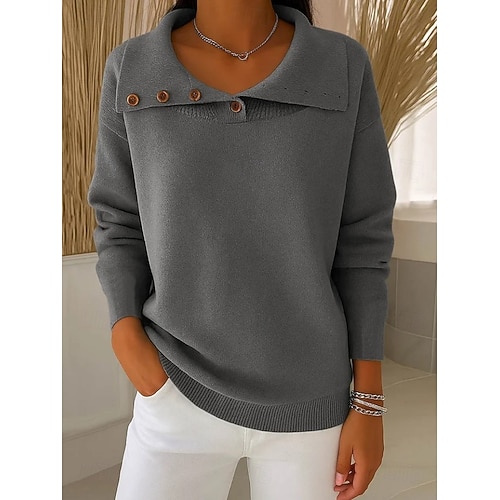  Dam Tröja Elegant Mode Tröjkrage Knappar Långärmad Vanliga toppar Sticka Dagligen Blå Beige Vår Höst