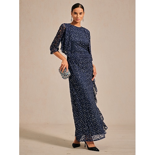  Femmes Robe maxi Robe fourreau Élégant robe demoiselle d honneur Soirée Coupe régulière Couleur Unie Sans manches Col ras du cou bleu marine Printemps Automne