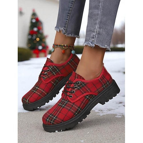 red plaid dress shoes Women's Red Plaid Lace-Up Oxford Shoes, Vintage Tartan Pattern Casual Shoes,  Perfect for Christmas Outfits, Winter Fashion & Holiday Gatherings 2026