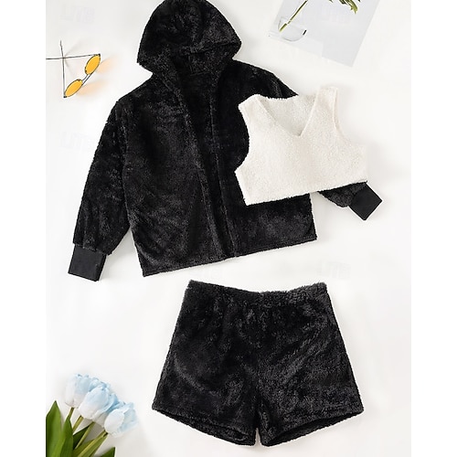  Damskie Odzież domowa Flanela Ciepłe Moda Czyste kolory Elastyczny pas Krótkie spodnie Urlop Dom Ulica Długi rękaw W serek Czarny Jesień Zima Regularny