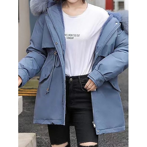  Women's Parka Comfortable Breathable Zipper Pocket Fur Collar Casual Plain Vacation Street Casual Daily Wear Single Breasted Regular Hooded Regular Fit Long Sleeve Outerwear Black Blue Green Spring