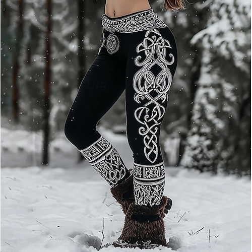  Kvinnors Viking Boho Leggings Vintage Etnisk Stil Hel Längd Hög Midja Grafisk Abstrakt 3D Utskrift Snabbtorkande Andningsförmåga Mjuk Stretchig Formell Utomhus Semester Ljusbrun Svart Rosa  Svart Vår