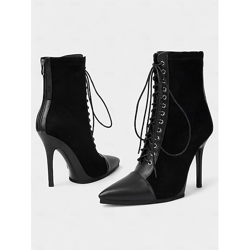 Botines de tacón de aguja con cordones rojos para mujer con punta