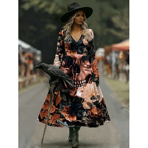  Sukienka midi z nadrukiem czarownicy damska w kształcie litery A wakacyjna codzienna regularny fason kwiatowy graficzny Hocus Pocus długi rękaw w szpic czarny czerwony brązowy wiosna jesień
