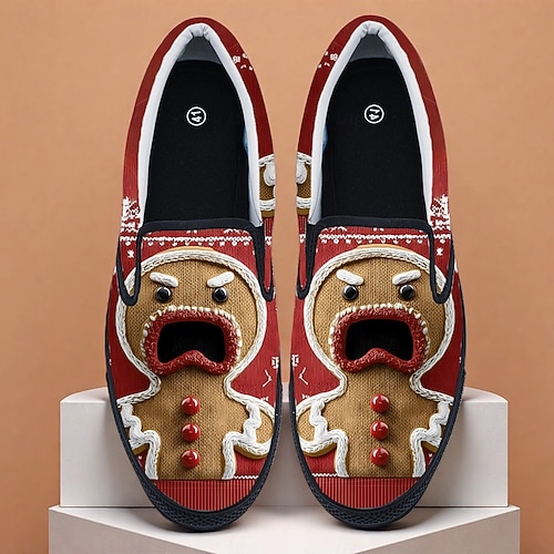  Ανδρικά χριστουγεννιάτικα slip-on παπούτσια με μελόψωμο για άνδρες – εορταστικό τρισδιάστατο σχέδιο μελόψωμου, διασκεδαστικά και άνετα, ιδανικά για εορταστικά πάρτι και χριστουγεννιάτικες εκδηλώσεις