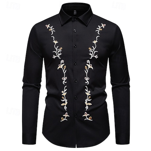 mens dress shirt embroidery designs DDAPJ pyju Party Dress Shirts for Men Birthday Giftss,Men's Luxury Gold Embroidery  Design Slim Fit Long Sleeve Button Down Formal Shirt