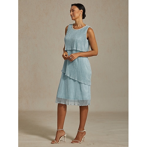  Dame Midikjole Skiftkjole Plissert kjole Grime kjole Elegant Fest Formelt Fest Bryllupsgjest Cocktailfest Normal Helfarge Ermeløs Crew-hals Himmelblå Sommer Vår Høst Vinter