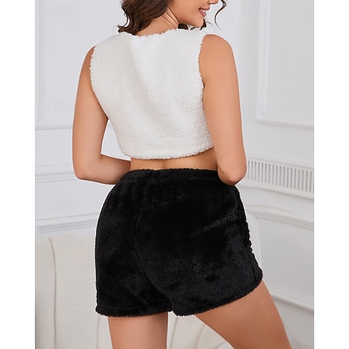  Damskie Odzież domowa Flanela Ciepłe Moda Czyste kolory Elastyczny pas Krótkie spodnie Urlop Dom Ulica Długi rękaw W serek Czarny Jesień Zima Regularny