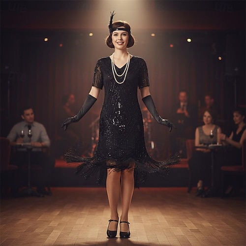 Set Roaring 20s 1920s Knee Length Flapper Dress Cocktail Dress Fancy Costume  with Accessories Short Sleeves The Great Gatsby Flapper Girl Sequins Tassel  Fringe V Neck Fancy Dress Women's Christmas 2026 - $57.99