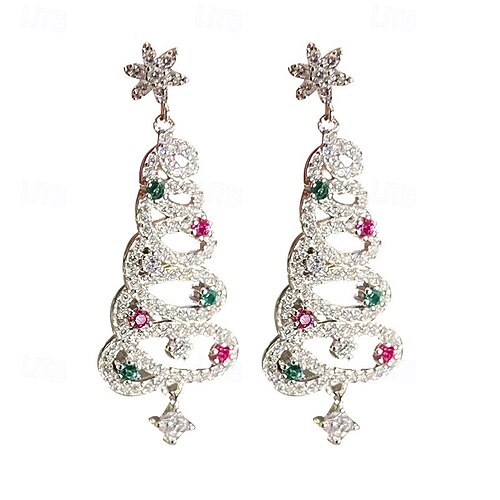  1 par de pendientes de árbol de Navidad con diamantes de imitación y cinta de aleación con piedras preciosas multicolores bañadas en UV, pendientes festivos de moda para mujer, perfectos para uso