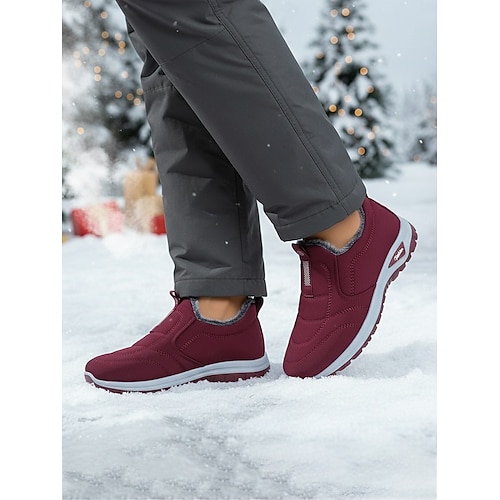  женские бордовые зимние туфли без застежек с отделкой из искусственного меха, уютные ботильоны для холодной погоды, идеально подходят для Рождества, праздничного шопинга и повседневных прогулок