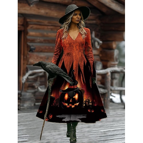  Женское миди платье А-силуэта отпуск повседневное бохо пляжное обычной посадки графическое абстрактное с длинным рукавом V-образным вырезом белое тёмно-красное вино коричневое весна осень зима