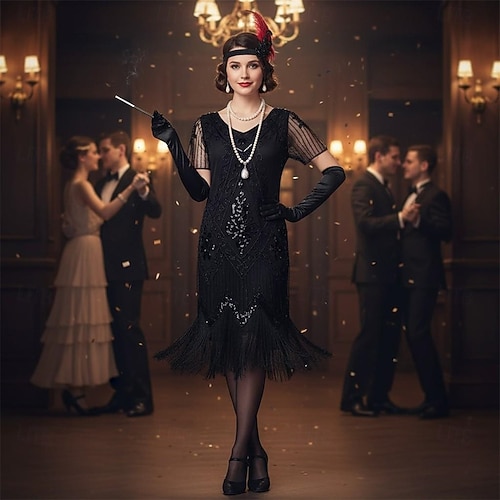 Set Roaring 20s 1920s Knee Length Flapper Dress Cocktail Dress Fancy Costume  with Accessories Short Sleeves The Great Gatsby Flapper Girl Sequins Tassel  Fringe V Neck Fancy Dress Women's Christmas 2026 - $57.99