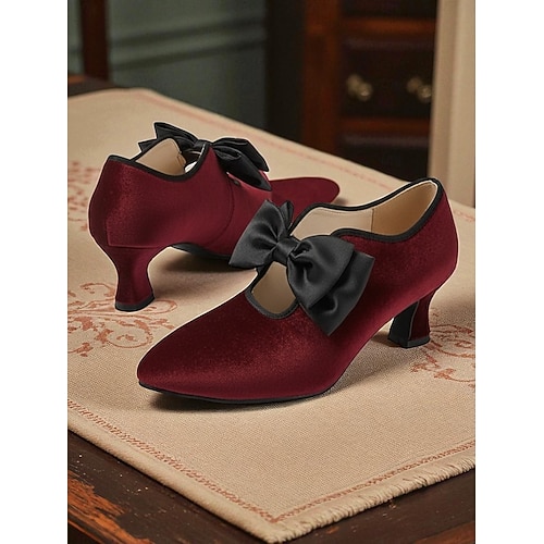  Pantofi cu toc kitten din catifea neagră pentru femei cu fundă neagră - pantofi cu toc vintage în stil victorian pentru doamne, perfecți pentru nunți, petreceri gatsby &ținute formale de seară