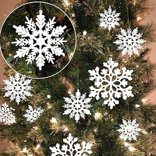  36 flocons de neige pour décorations de sapin de Noël, ornements en plastique blanc pailleté, décorations hivernales d'intérieur pour un décor féérique.