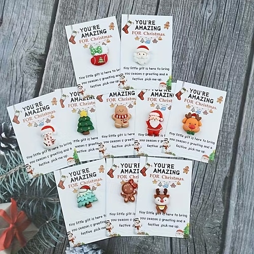  10-Pack Mini Christmas Hug Cards with Resin Charms - Festive Encouragement Cards with Santa, Stocking, Gingerbread, Snowman, Reindeer - Party Style Emotional Support Gifts for Friends and Family