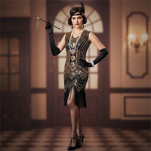 brown flapper dress 20s Style Vintage Gatsby Flapper Dress Embroidery, Sequins, Double Fringe Size S