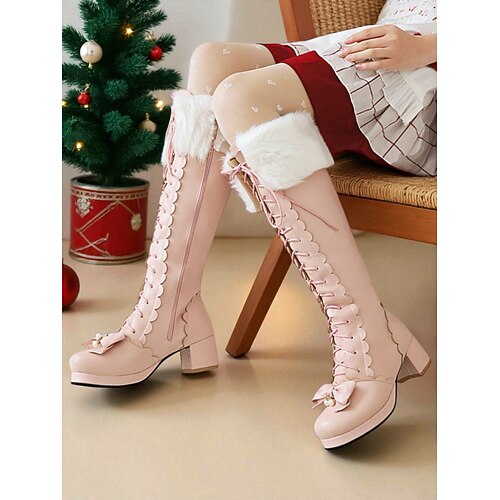 Women's White Faux Fur Trim Lace-Up Platform Boots with Bows