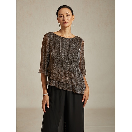  Women's Blouse Dressy Tops Flowy Tops Chiffon Tops Elegant Vintage Stylish 3/4 Length Sleeve Crew Neck Boat Neck Work Daily Date Night Outfits Sequins Pleated Patchwork Brown Spring Fall