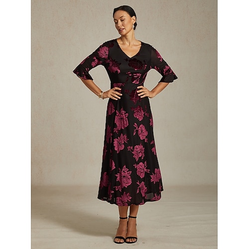 Sukienka midi z weluru dla kobiet sukienka w kształcie litery A elegancka na urodziny na koktajlową imprezę dla gościa weselnego welurowa codzienna regularny krój kwiatowa pół rękaw dekolt w  Sukienka midi z weluru dla kobiet sukienka w kształcie litery A elegancka na urodziny na koktajlową imprezę dla gościa weselnego welurowa codzienna regularny krój kwiatowa pół rękaw dekolt w