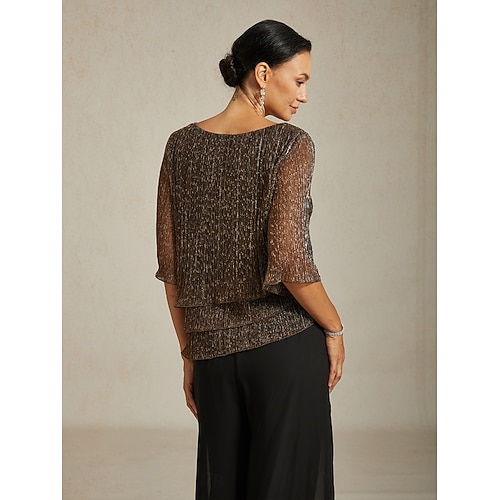  Women's Blouse Dressy Tops Flowy Tops Chiffon Tops Elegant Vintage Stylish 3/4 Length Sleeve Crew Neck Boat Neck Work Daily Date Night Outfits Sequins Pleated Patchwork Brown Spring Fall