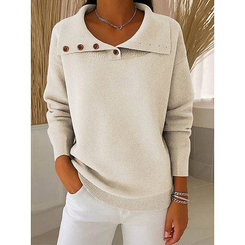  Dam Tröja Elegant Mode Tröjkrage Knappar Långärmad Vanliga toppar Sticka Dagligen Blå Beige Vår Höst