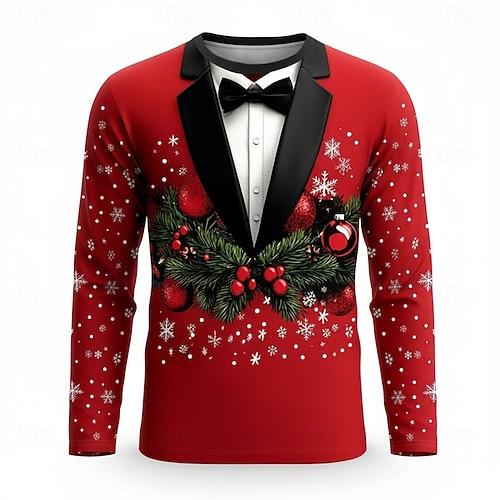  Christmas Men's Christmas Costume Tuxedo T Shirt Long Sleeve T shirt 3D Print Crew Neck Shirt Fashion Basic 3D Street Casual Daily Red Summer Spring Clothing Apparel S M L XL XXL XXXL