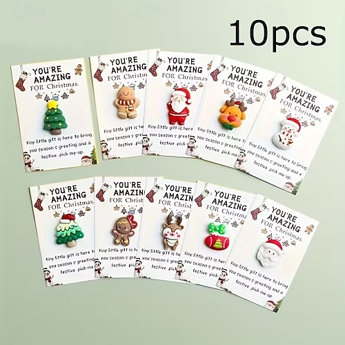  10-Pack Mini Christmas Hug Cards with Resin Charms - Festive Encouragement Cards with Santa, Stocking, Gingerbread, Snowman, Reindeer - Party Style Emotional Support Gifts for Friends and Family