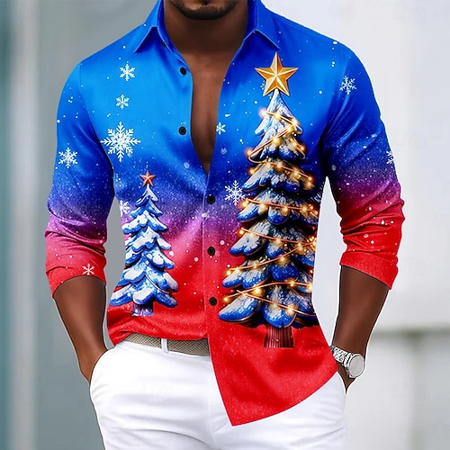  Jul Herr Julgran Snöflinga Gradientfärg Skjorta Satinskjorta Långärmad Mode Casual Utomhus Fest Helgdag Vår Höst Nedvikt 3D-utskrift Skjortor med knappar Blå Grön Ljusblå Rosenröd