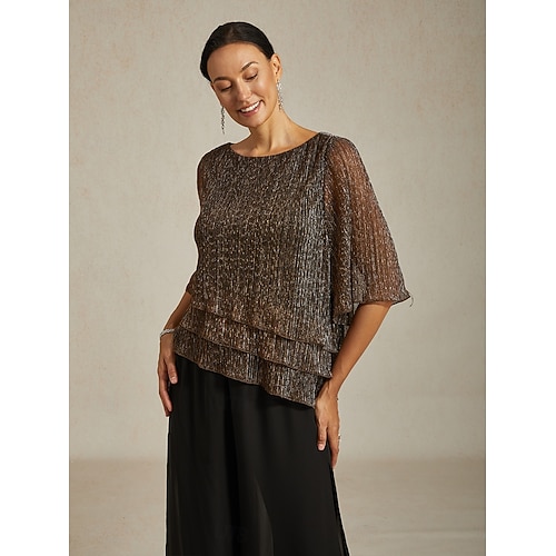  Women's Blouse Dressy Tops Flowy Tops Chiffon Tops Elegant Vintage Stylish 3/4 Length Sleeve Crew Neck Boat Neck Work Daily Date Night Outfits Sequins Pleated Patchwork Brown Spring Fall