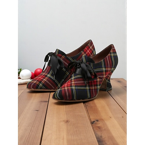  Escarpins vintage à carreaux rouges style édouardien des années 1920 pour femmes avec nœud en satin noir – chaussures de Noël rétro élégantes pour les occasions festives et les fêtes