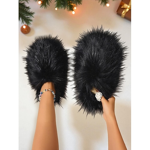  женские красные пушистые тапочки, плюшевые меховые домашние тапочки без застежек, удобная обувь для отдыха дома, Рождества и отдыха