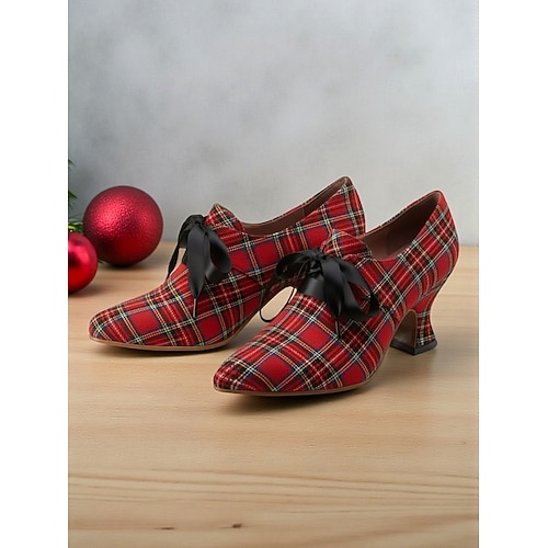  Escarpins vintage à carreaux rouges style édouardien des années 1920 pour femmes avec nœud en satin noir – chaussures de Noël rétro élégantes pour les occasions festives et les fêtes