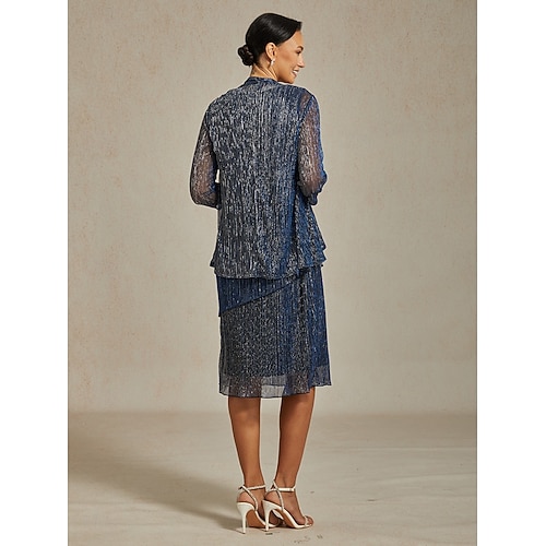  Women's Evening Tops Solid Color Stylish Romantic Wedding 3/4 Length Sleeve Wedding Guest Evening Party Business Attire Pleated Layered Metallic Navy Blue Summer Spring Fall Winter