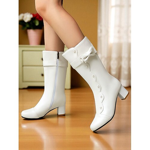 Women's Black Faux Leather Mid-Calf Boots with Pearl Button and Bow Detail - 1920s Vintage Retro Block Heel Dress Boots for Parties,Cosplay & Evening