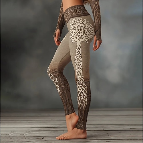  Kvinnors Viking Boho Leggings Vintage Etnisk Stil Hel Längd Hög Midja Grafisk Abstrakt 3D Utskrift Snabbtorkande Andningsförmåga Mjuk Stretchig Formell Utomhus Semester Ljusbrun Svart Rosa  Svart Vår