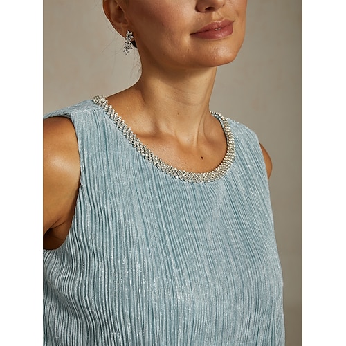  Dame Midikjole Skiftkjole Plissert kjole Grime kjole Elegant Fest Formelt Fest Bryllupsgjest Cocktailfest Normal Helfarge Ermeløs Crew-hals Himmelblå Sommer Vår Høst Vinter