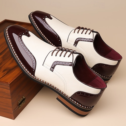 Men's White and Burgundy Wingtip Faux Leather Oxford Shoes with Brogue Detailing, Retro Formal Shoes for Weddings, Business Meetings and Special