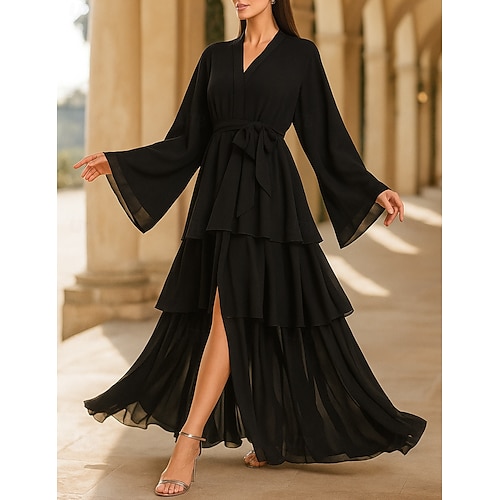 A-Linie Bodenlang Abendkleid Stufenkleid Langarm V Ausschnitt Elegant Vintage Party Kirche Chiffon Polyester Brautmutterkleid mit Kaskadierende Rüschen